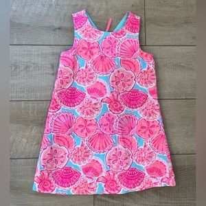 TOMMY BAHAMA neon pink and blue seashell print sleeveless girls shift dr…